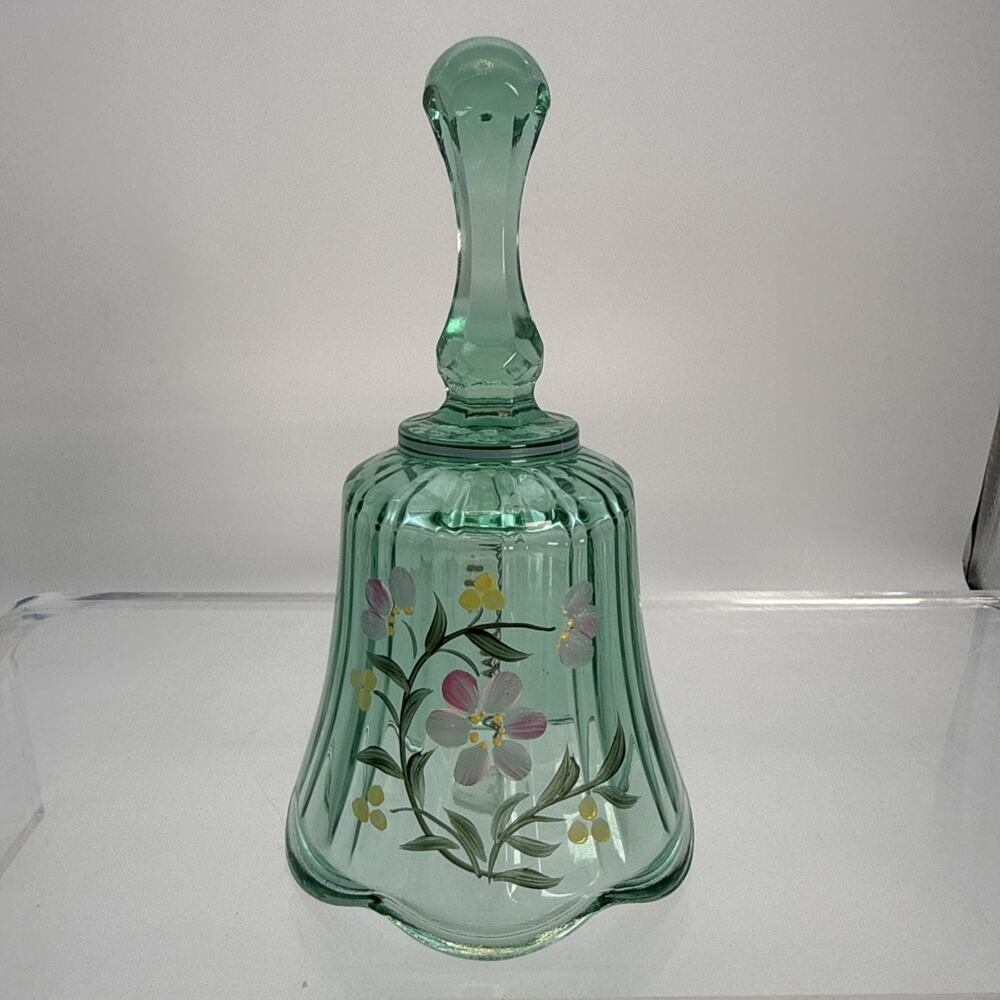 Vintage Fenton Teal Green Glass Bell Hand Painted Floral C. Smith Artist Signed